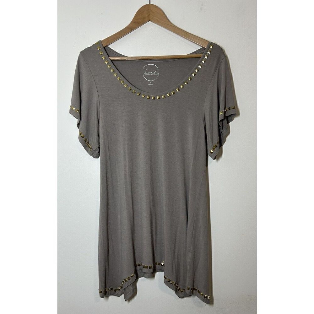 INC International Concepts Women's Medium Taupe Top Shirt Tunic With Gold Studs